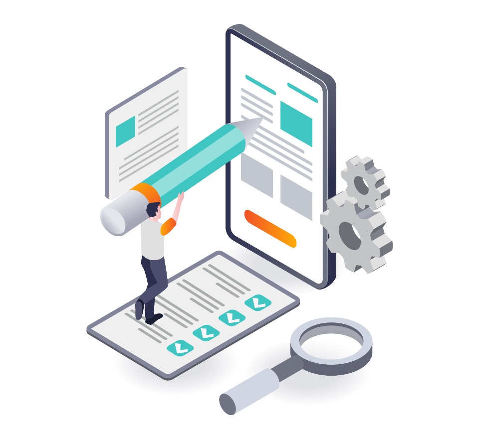 concept of isometric illustration of creative man writing on smartphone