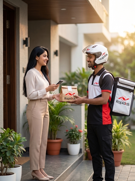 rider hands food parcel woman rapidids